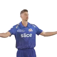 a man wearing a blue shirt that says slice