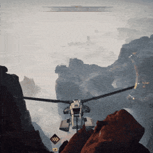 a video game shows a helicopter flying over a mountain range and the temperature is 36 degrees celsius