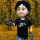 a boy wearing a black nike shirt is standing in a forest