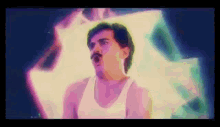 a man with a mustache and a white tank top is standing in front of a colorful light .