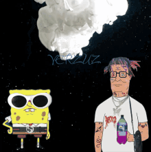 a cartoon drawing of spongebob and a man with a bottle of sprite in his hand