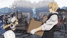 a cartoon of a man carrying a box in front of a city