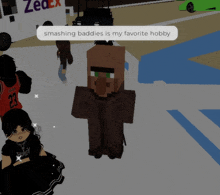 a minecraft character says smashing baddies is my favorite hobby in front of a fedex sign