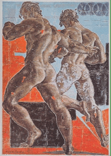 a painting of two naked men standing next to each other on a wall