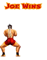 a pixel art of a man holding a sword with the words joe wins behind him