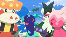 a group of cartoon characters are gathered together and one of them has the number 0 on its face