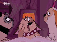 a cartoon of three dogs reading a book with disney channel written in the corner