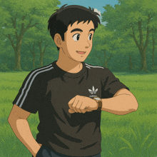 a man wearing an adidas t-shirt is looking at his watch