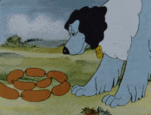 a cartoon dog is eating a bunch of sausages in a field