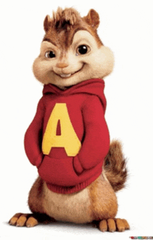 a chipmunk wearing a red hoodie with a yellow letter a on it