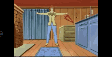 a cartoon of a woman standing in a room with a pennant that says nc state