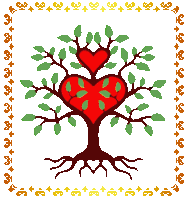 a drawing of a tree with two hearts on it