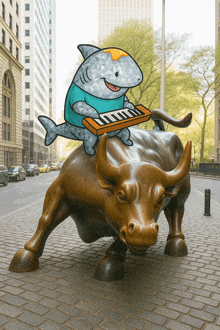a statue of a bull with a shark playing a keyboard on its back