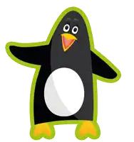 a black penguin with a yellow beak and red hearts on its arms