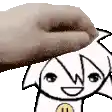 a person is petting a cartoon character on the head with their hand .