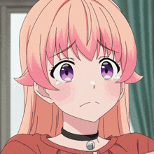 a girl with pink hair and purple eyes looks sad