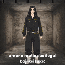 a man in a black uniform is standing in a dark room with the words amar a matias es illegal baju keisuke