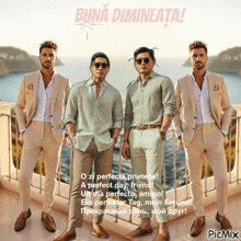 a group of men standing next to each other on a balcony with the words " buna dimineata " written above them