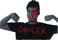 a man flexing his muscles with the word cancer written on his shirt