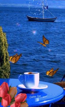 sea boat coffee butterflies flowers