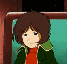 a cartoon character with brown hair is wearing a green jacket and a red turtleneck