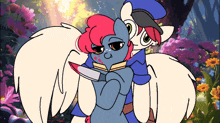 a cartoon drawing of a pony holding a knife and another pony holding a book