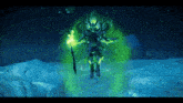 a video game character is surrounded by a green aura