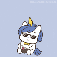 a cartoon of a unicorn wearing sunglasses and holding a coconut drink says happy weekend