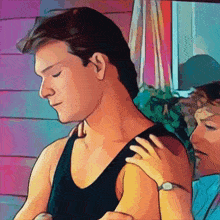 a woman holds a man 's shoulder in a cartoon