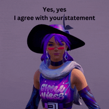 a woman with purple hair wearing a purple shirt that says choco vibes