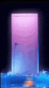 a purple door is open to a glowing light