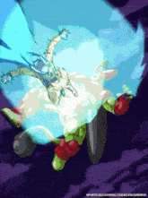 a cartoon drawing of a man flying through the air with a blue background