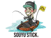 a cartoon drawing of a man fishing on a souyu stick