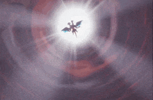 a dragon is flying through a tunnel with a light behind it
