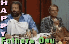 a man with a beard is sitting at a table with a happy father 's day greeting .