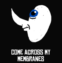 a cartoon drawing of a face with the words come across my membranes