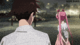 a girl with pink hair is standing next to a man with nbds sama written in the corner