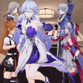 a group of anime characters are dancing in a room and one of them is wearing a bag that says neon genesis evangelion