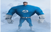 a man in a blue superhero costume with the number 4 on the chest