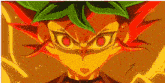 a close up of a cartoon character 's face with red eyes .