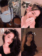 a girl with a flower in her hair is laughing in a collage