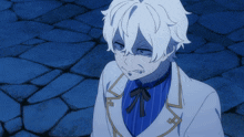 a cartoon character with white hair and a blue shirt with a bow