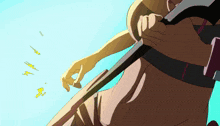 a cartoon drawing of a person holding a sword with lightning bolts flying in the background