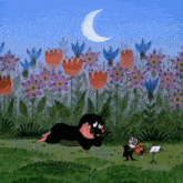 a cartoon of a mole playing a violin in a field of flowers with a crescent moon in the background