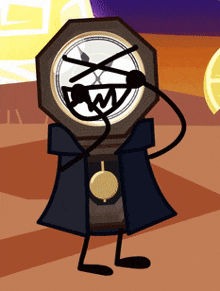 a cartoon character with a clock face and arms