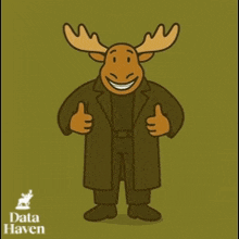 a moose in a trench coat is giving a thumbs up from data haven