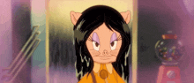 a cartoon of a pig with long black hair