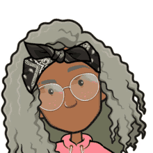 a cartoon drawing of a girl with curly hair wearing glasses and a bandana