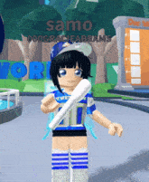 a girl holding a baseball bat with the name samo on the bottom