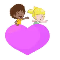 a boy and a girl are sitting on a large pink heart